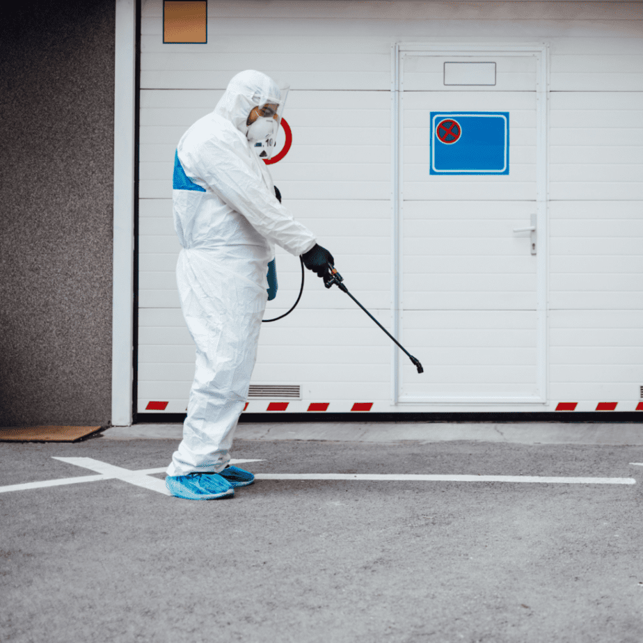 A man decontaminating the floorings