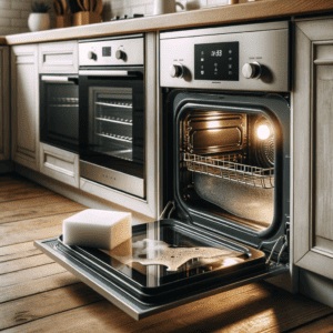 Photo-of-a-kitchen-with-a-modern-oven.-The-oven-door-is-half-open-revealing-a-dirty-glass-pane-on-one-side-and-a-sparkling-clean-glass-on-the-other